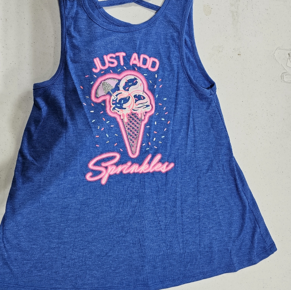 Girls blue tank with cross strap back